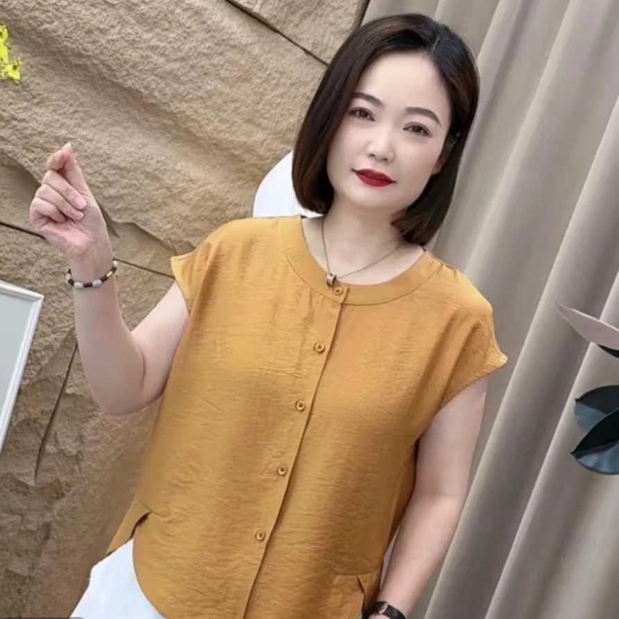 2025薄款圆领纯色显瘦中老年女装宽松型夏季小衫