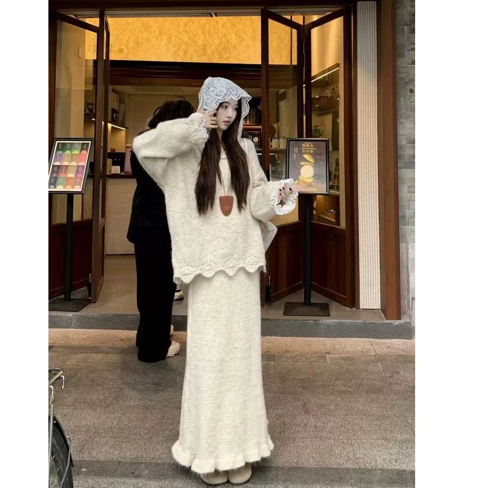 仙女韩系搭配一整套秋冬蕾丝拼接慵懒风连帽毛衣针织半身裙两件套