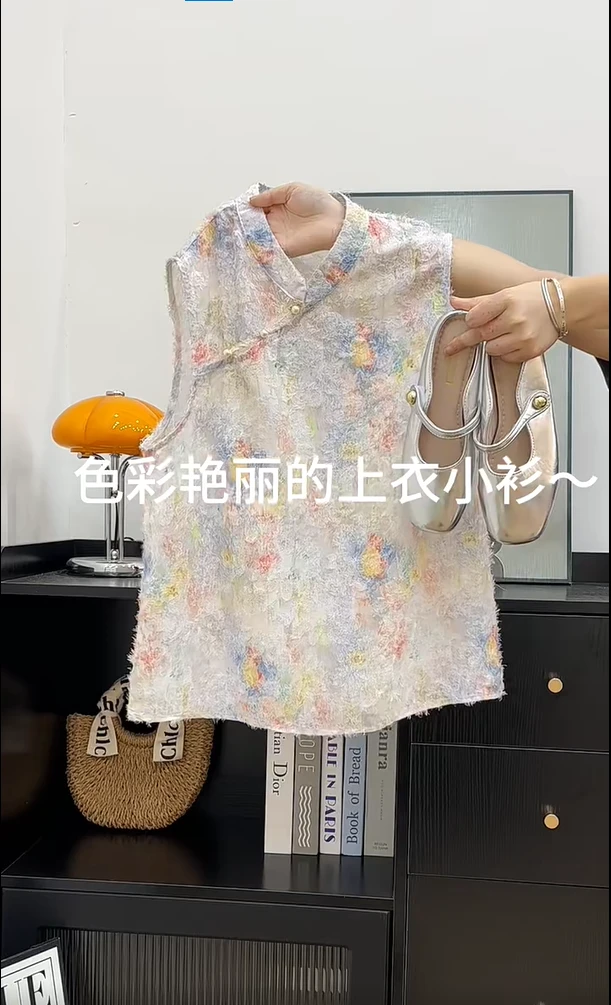 夏季2025新款新中式国风印花坎肩衬衫背心无袖上衣薄款轻奢高级感