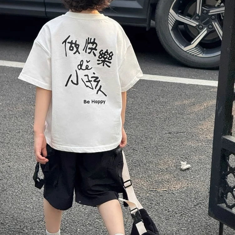 顶瓜瓜潮流高街设计感纯棉短袖t恤中大童夏季宽松百搭圆领上衣衫