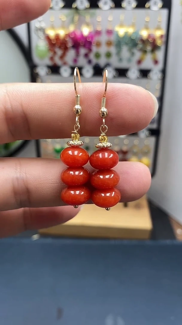 南红玛瑙银S925镀金镶嵌耳饰尺寸10mm算盘珠