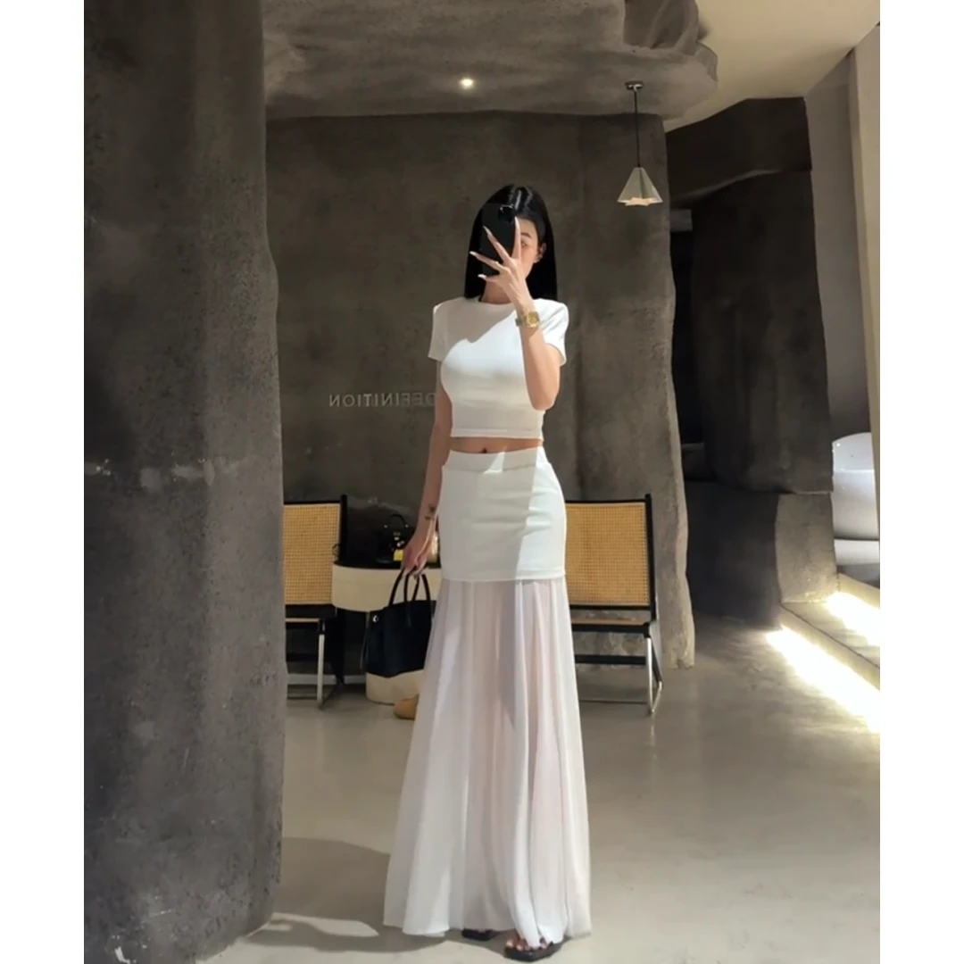 MARIE.COCO韩系穿搭一整套设计感正肩T恤网纱拼接包臀裙气质套装