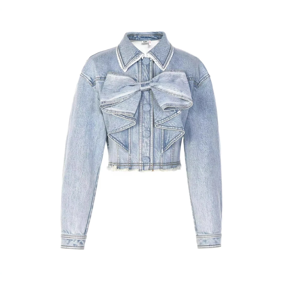 LeFame/拉飞姆2025秋新款气质百搭蝴蝶结牛仔外套FF25Q00NC218