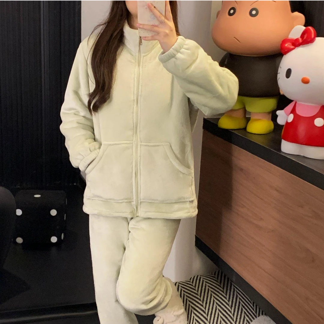 【双层睡衣】-女士家居服套装睡衣秋冬季拉链款加绒羊羔绒可外穿