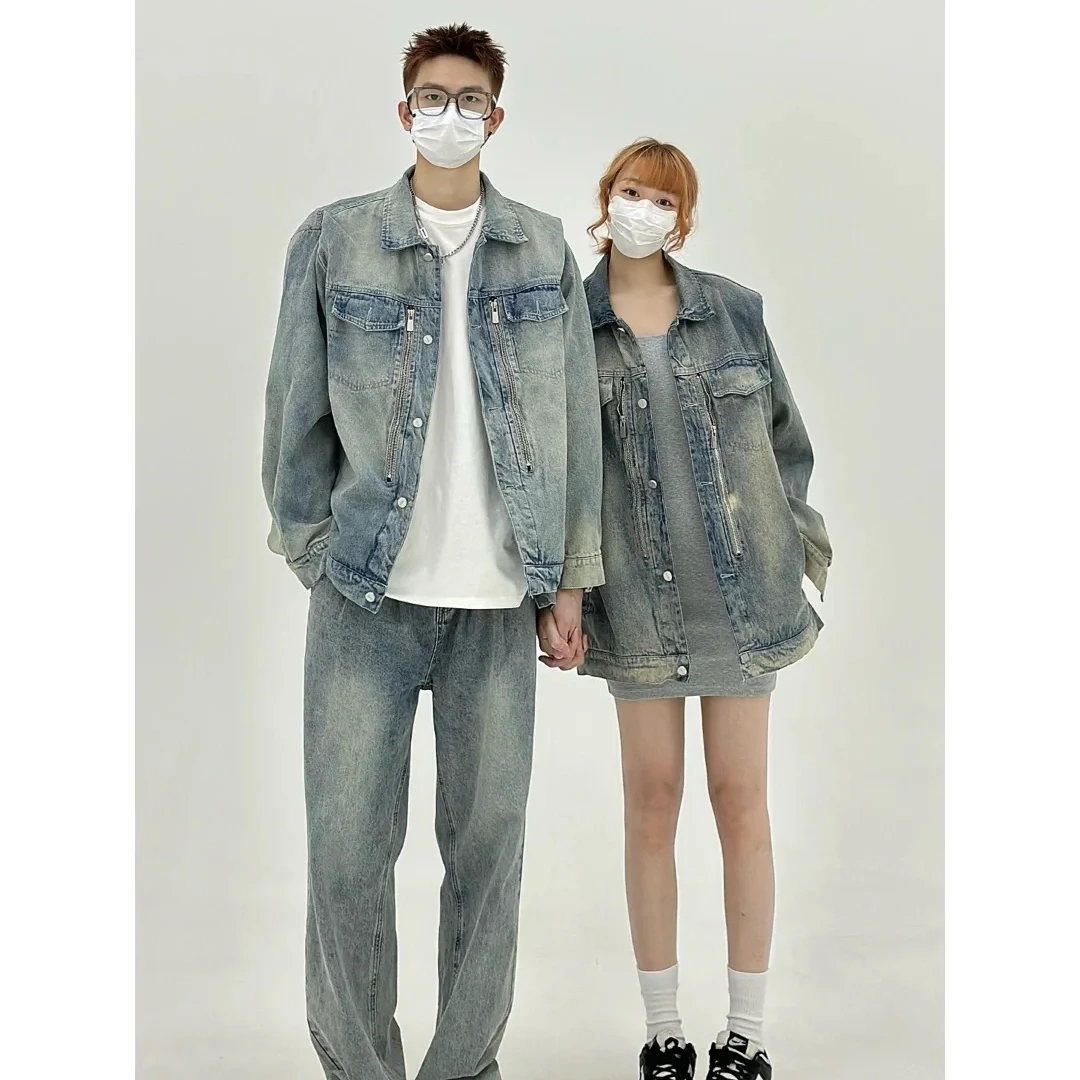 美式复古重工水洗直角垫肩牛仔夹克外套男女春秋新款高级感上衣潮