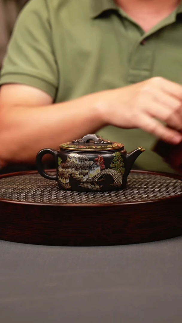 茶壶紫砂石黄 汉瓦 忆江南珐琅彩