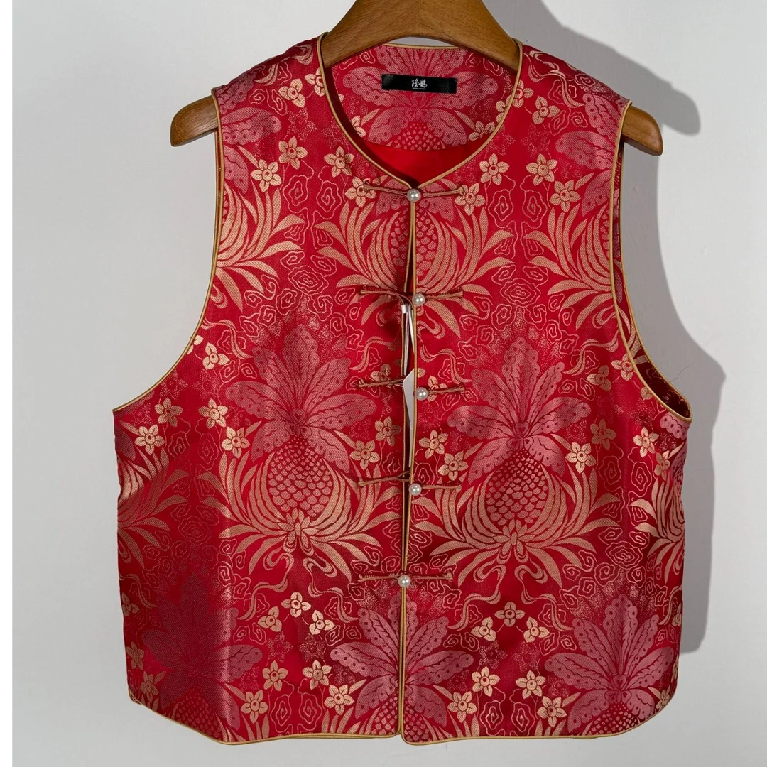 中国丝绸隆鹊『上久楷 梨花物语』宋锦圆领对襟一字扣马甲新中式