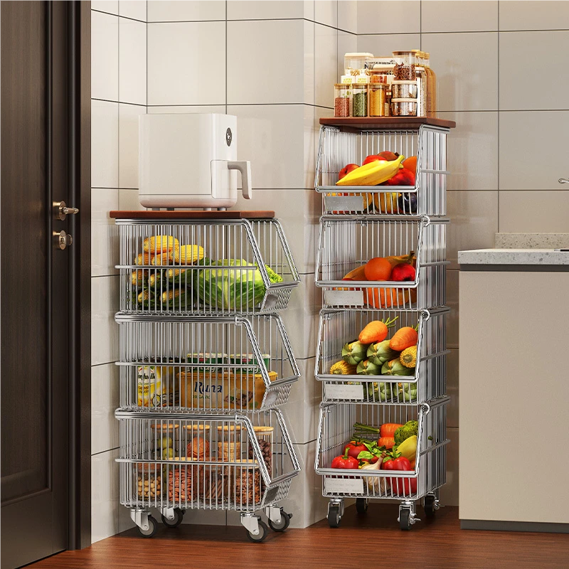 厨房夹缝置物架落地分层水果蔬菜收纳篮子多功能家用窄移动储物筐