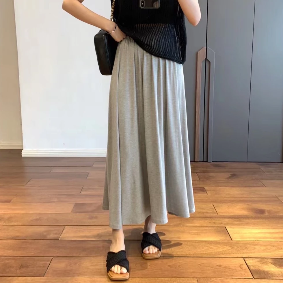 宝丫轻奢  T女式慵懒休闲大裙摆松紧高腰A字针织半身裙B9314