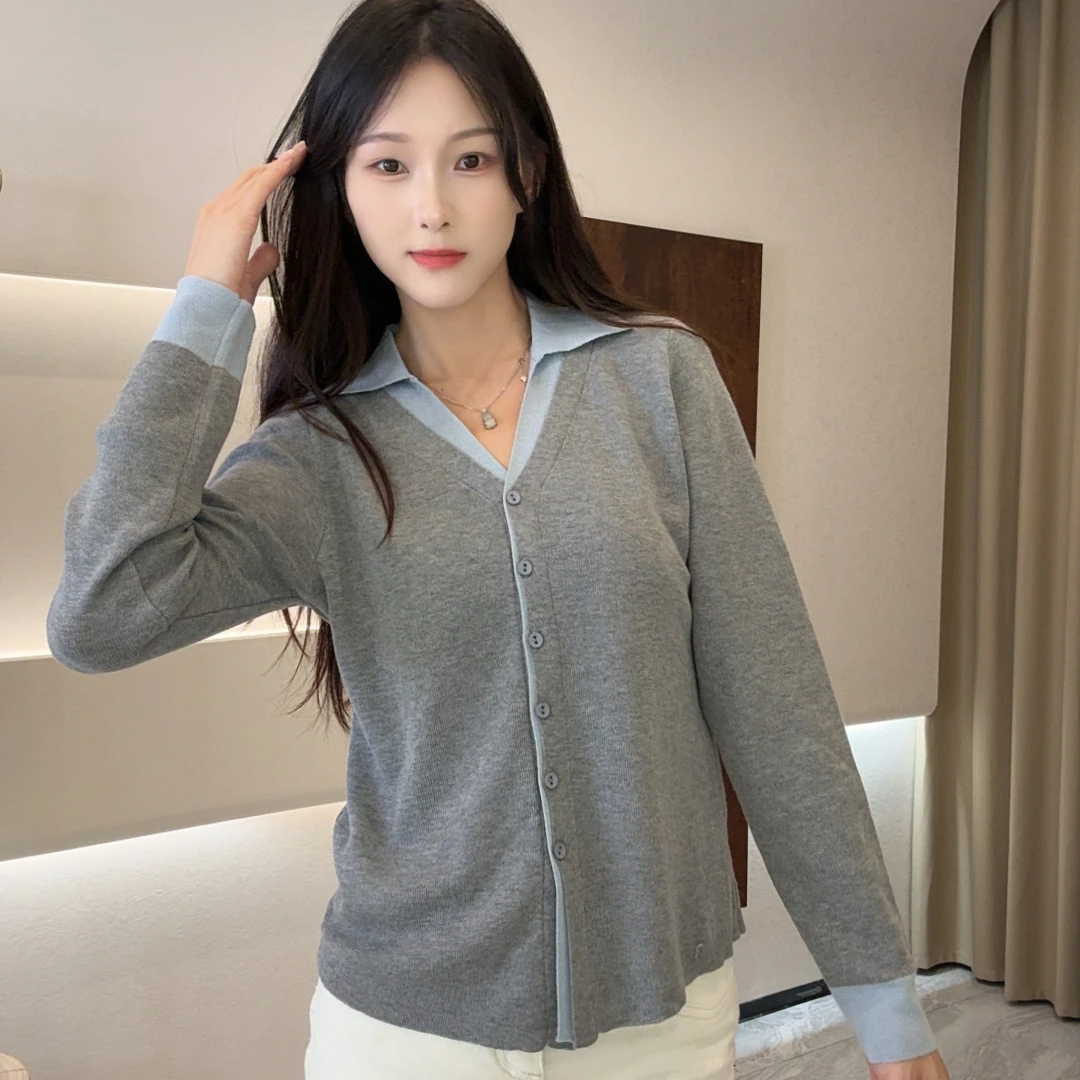 假两件针织衫女春秋季新款女装气质上衣内搭小衫v领打底衫