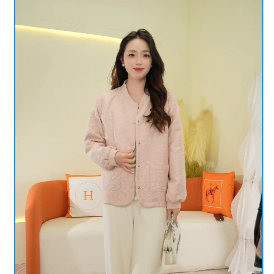 琼姐精选 春秋宽松纯色保暖圆领休闲女士简约外套