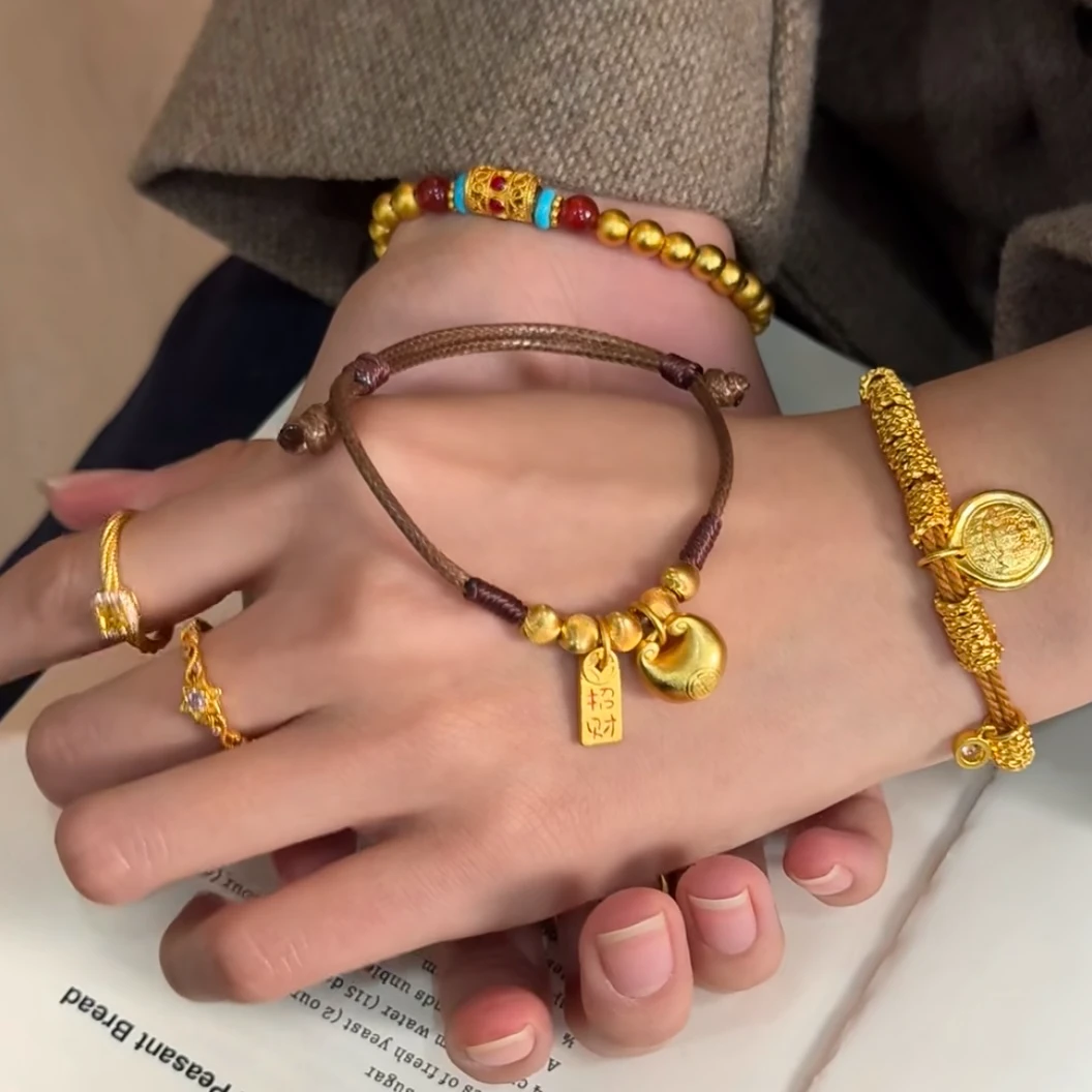 铜合金手链 猫眼福字小胖坨手链  立体实心福字锁包皮绳手链