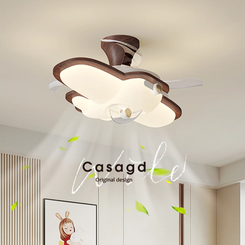 艺术儿童房隐形风扇灯飞机男孩全光谱护眼中古风卧室风扇灯casagd
