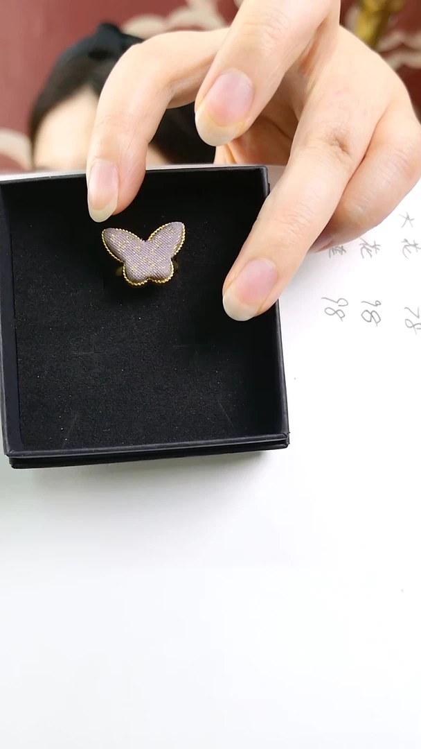 纯铜合金琉璃非遗缂丝粉色蝴蝶戒指