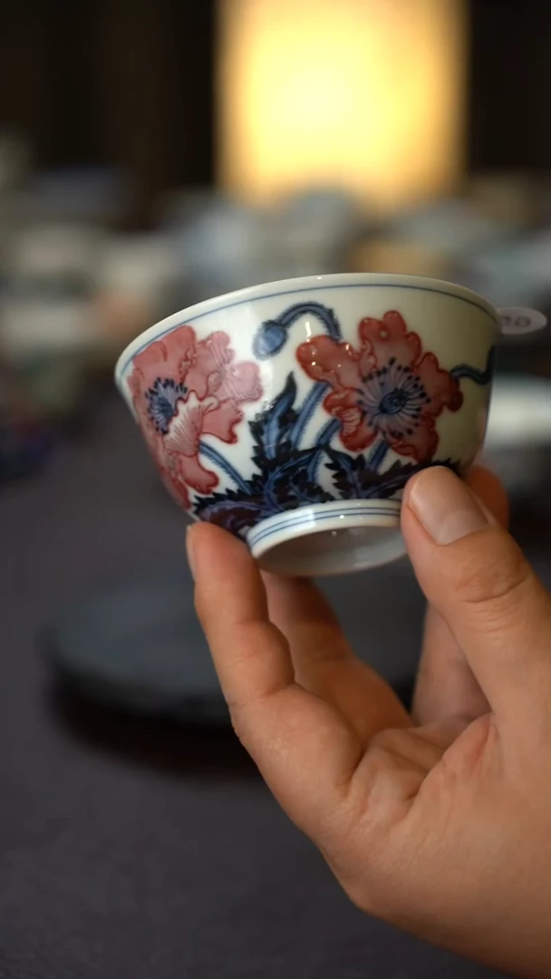 全手绘青花釉里红千虞美人鸡心杯