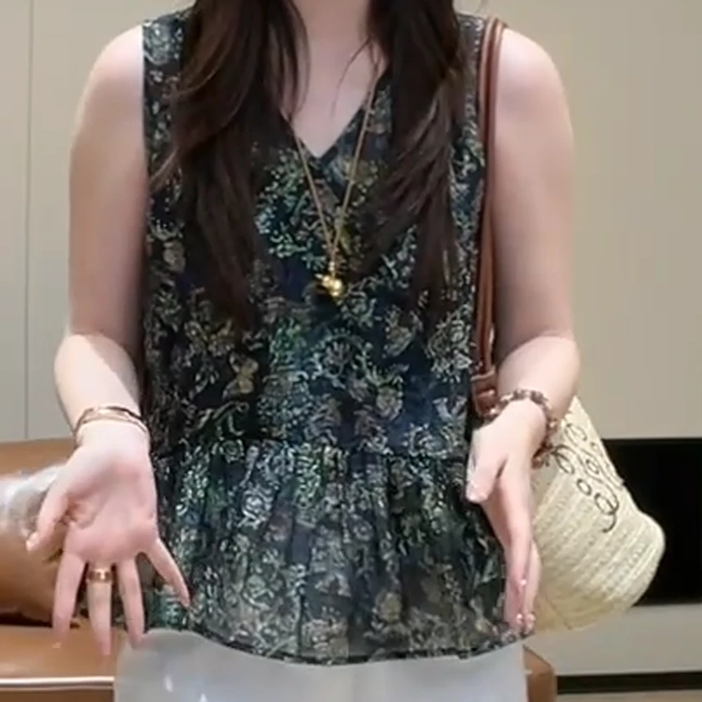 夏季新款简约法式V领碎花无袖上衣马甲C5199