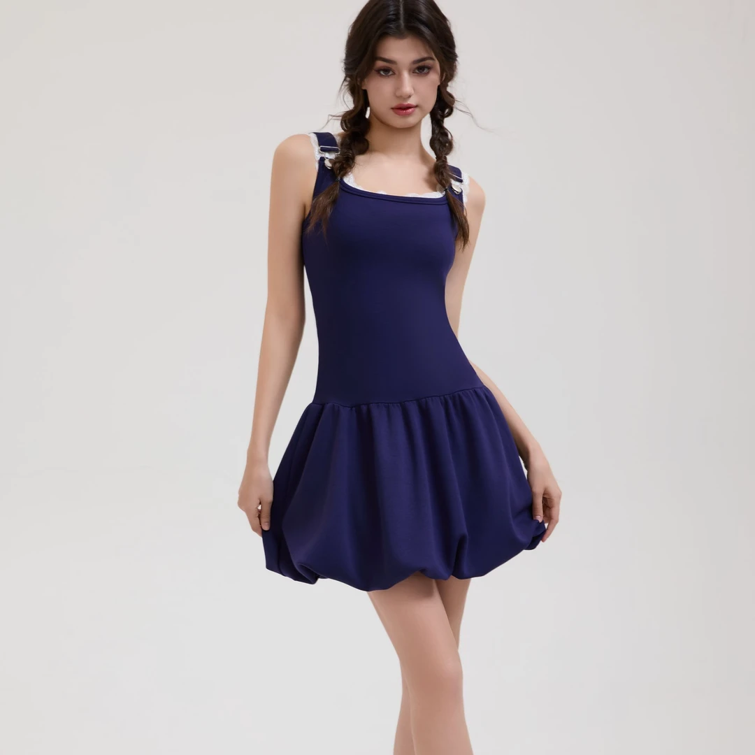Pixie&Peach  kiss chase绽放的深蓝浪漫优雅显瘦背带裙显瘦夏季