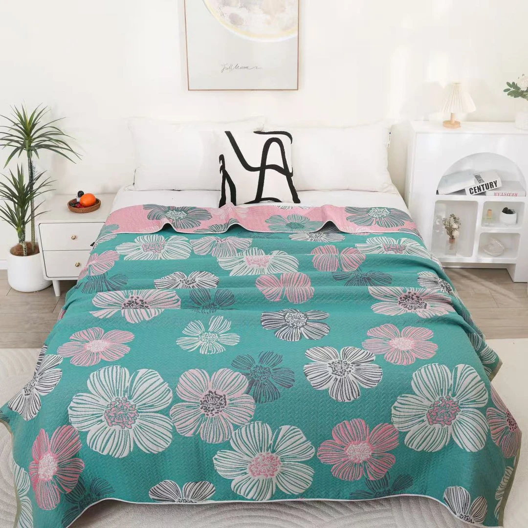 【翠绿花朵】纯棉多功能多层纱布盖毯--200*230