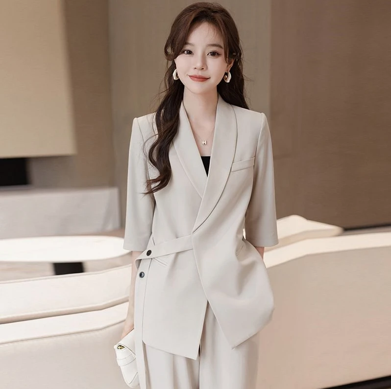 高定设计师款绑带七分袖西装套装25夏显瘦韩系百搭直筒裤西服1822