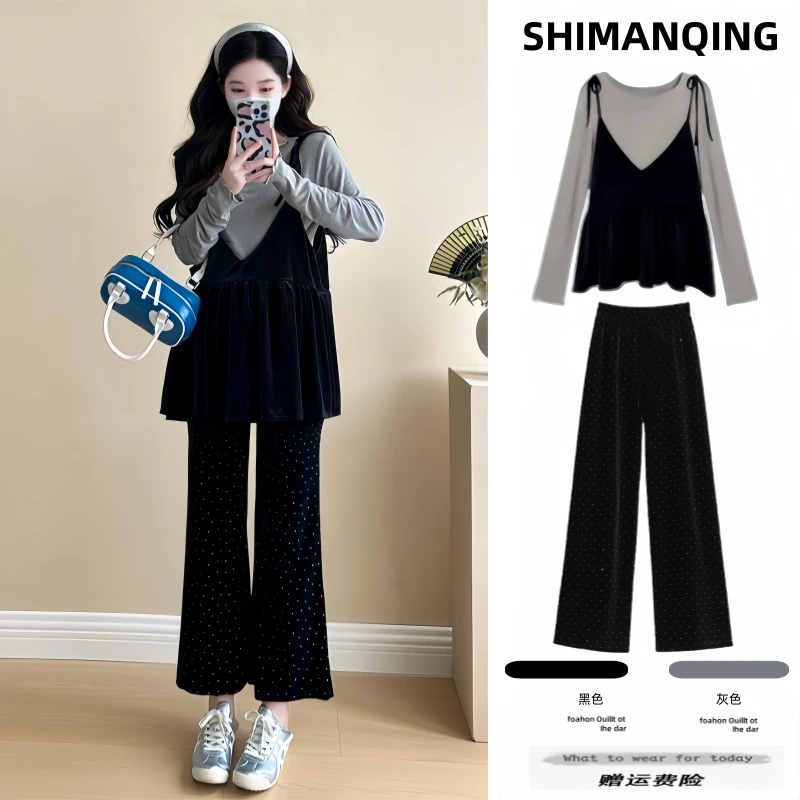 孕妇装2025春秋款爆款时尚宽松减龄吊带衫百搭丝绒阔腿裤孕妇套装