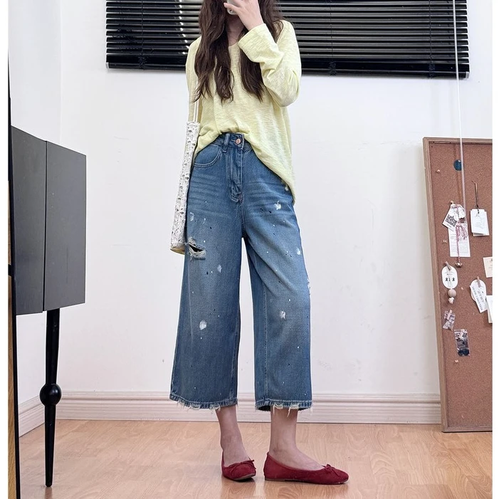 秋季舒适破洞显瘦时髦率性梨形薄款裤子阔腿八分宽松慵懒风牛仔裤