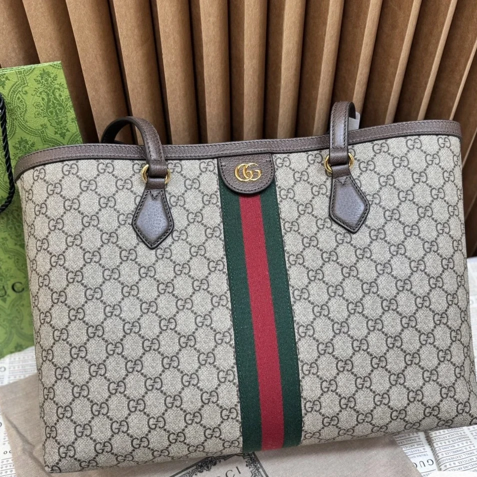 95新 GUCCI/古驰  【白菜】ophidia 老花拼棕色 托特包