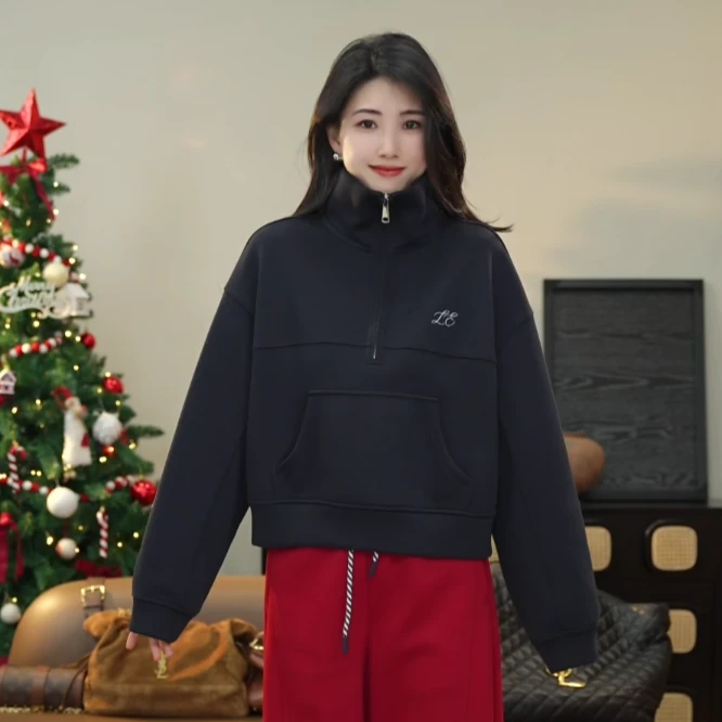 小乖逃休闲舒适藏蓝卫衣小天鹅秋冬高领宽松Z0032