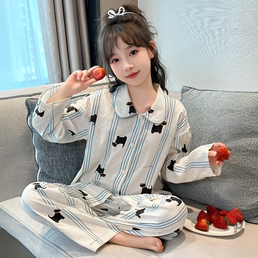 儿童睡衣女童春秋长袖条纹卡通可爱小狗女孩家居服套装夏季空调服