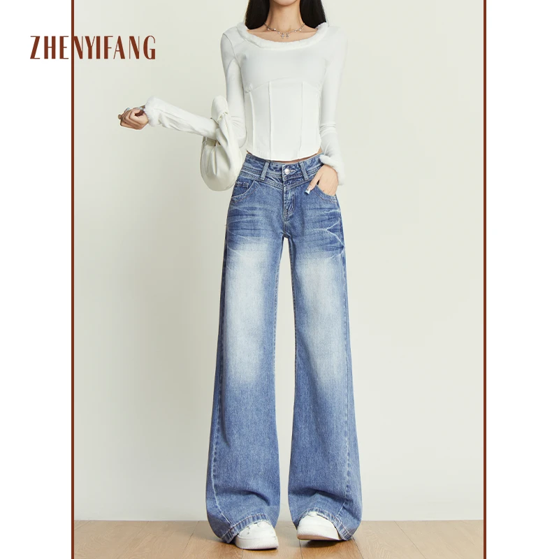 美式低腰牛仔裤女2025年秋季新款水洗蓝色复古宽松直筒拖地阔腿裤