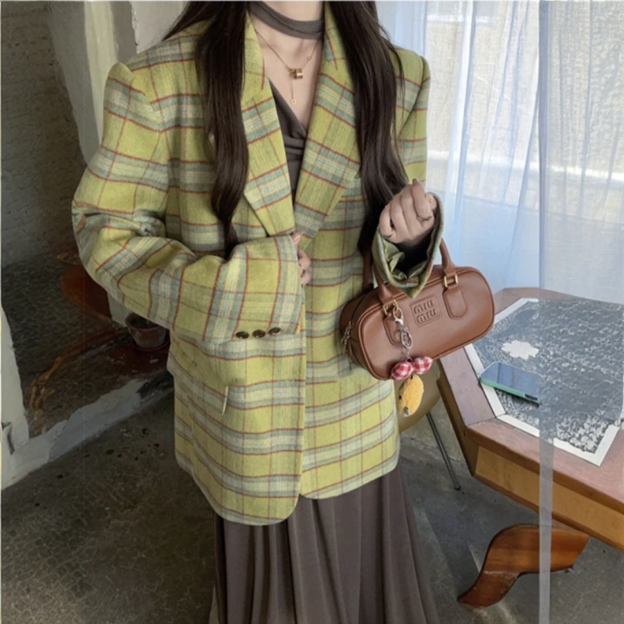 韩版复古格子长袖宽松西装外套女秋冬高级感气质黄绿色单排扣西服