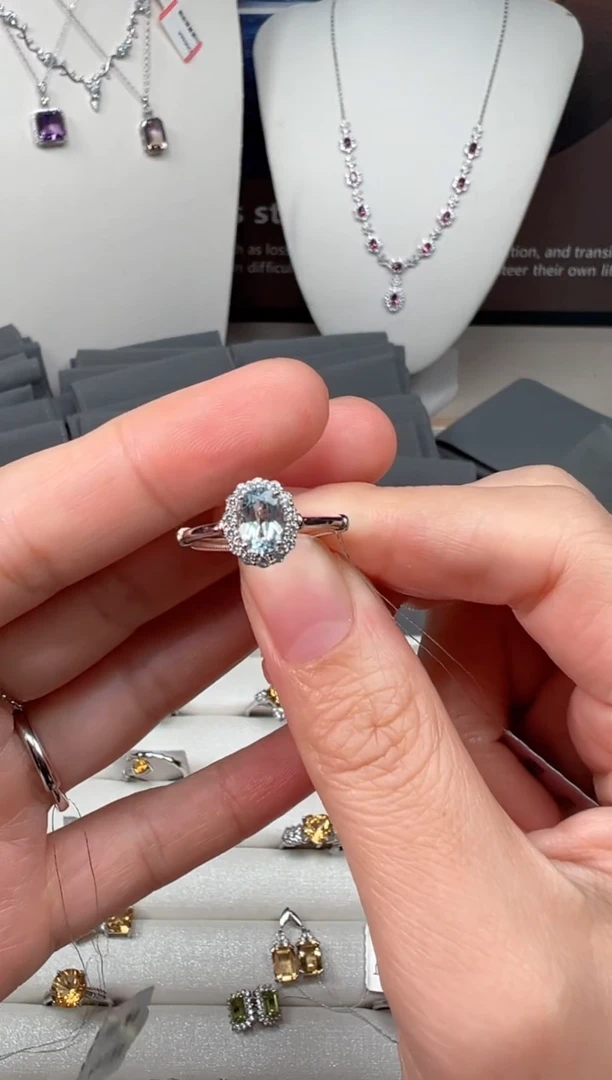 银S925镶嵌戒圈海蓝宝石戒指65