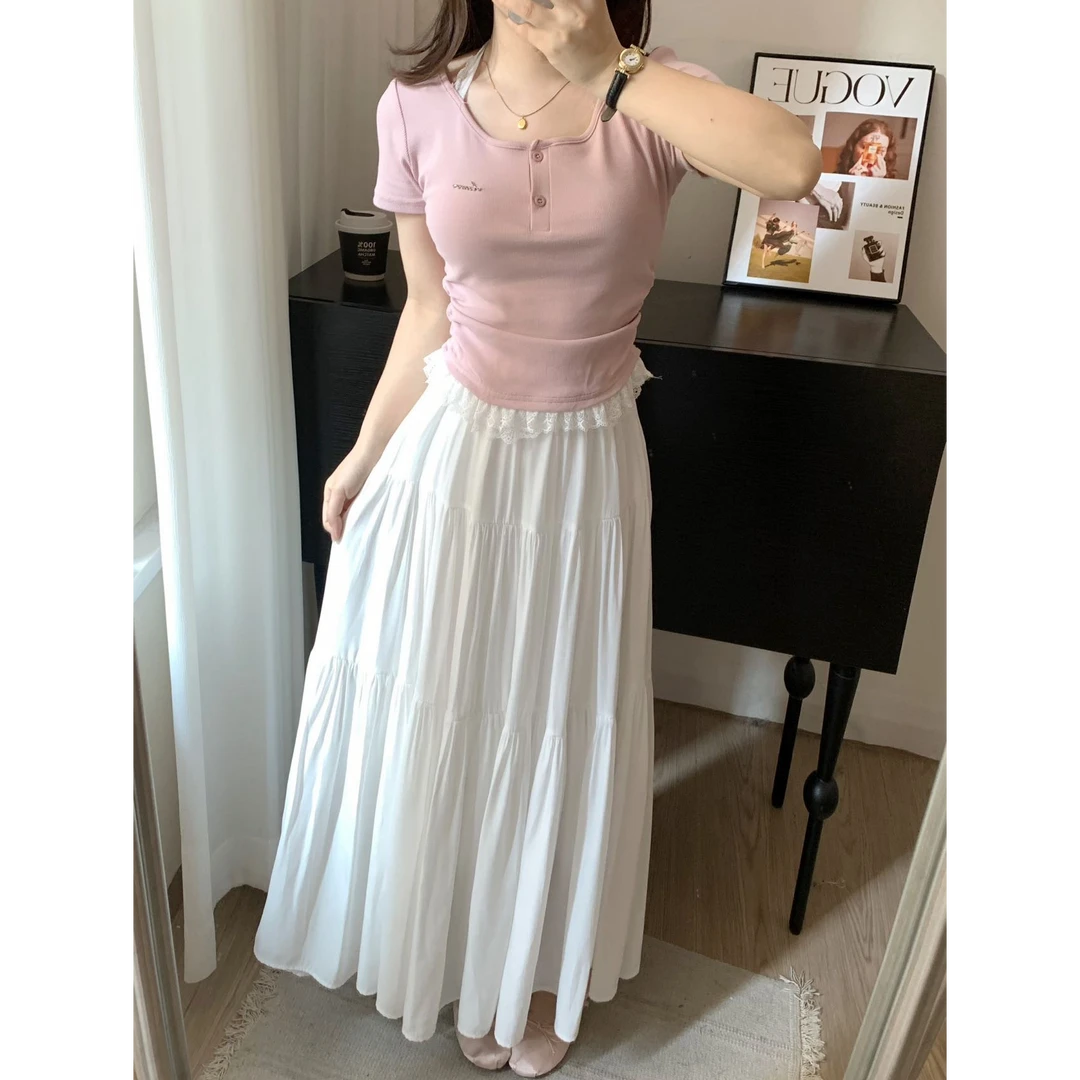 （运费补贴）九九定制春夏韩版松紧腰不透口袋高腰A字遮胯小白裙女