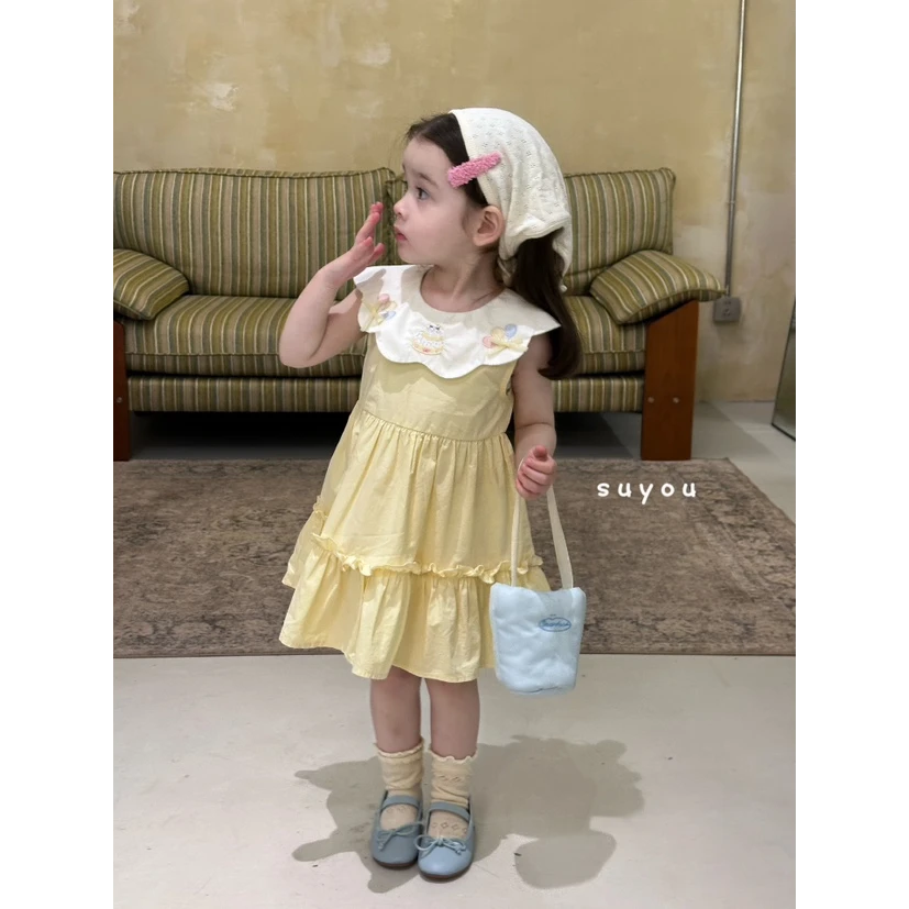 苏右2025夏季黄色无袖卡通棉布裙