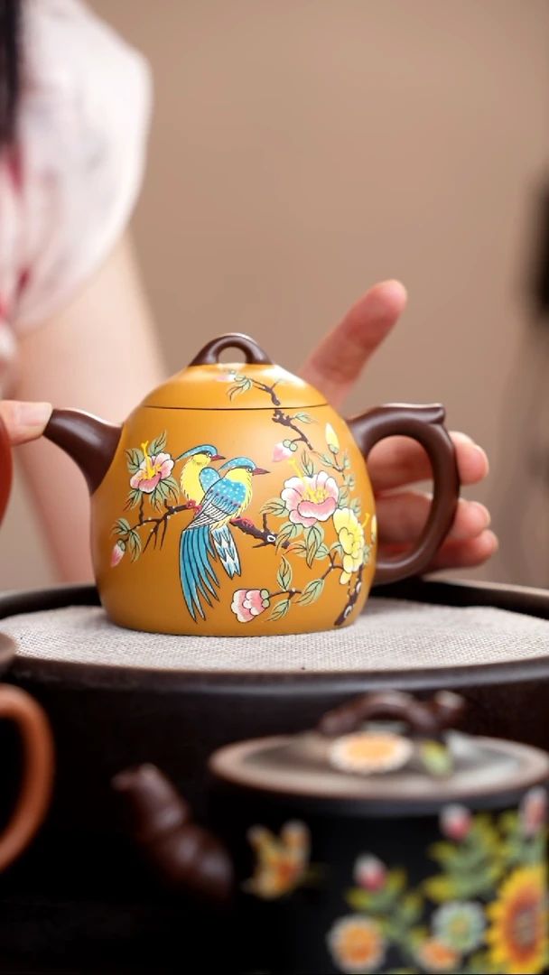茶壶紫砂黄金段粉浆秦权泥绘双鸟