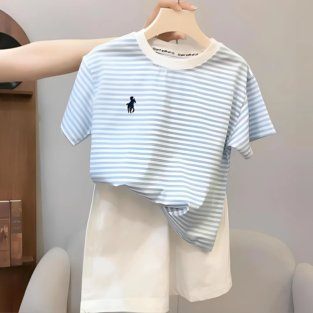 儿童时尚半袖T恤套装男女童条纹短袖短裤两件套中大童休闲亲子装