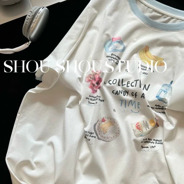 【瘦瘦】美食合集-大码夏季圆领撞色趣味涂鸦印花百搭短袖S01556