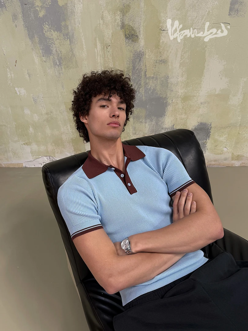 weave 美式baby蓝 咖色拼复古蓝miu感透气防起球针织小翻领polo衫