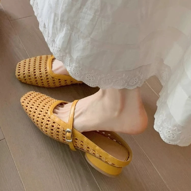 啤梨~羊皮增高显瘦包头半拖女夏粗跟编织镂空玛丽珍凉拖鞋女外穿