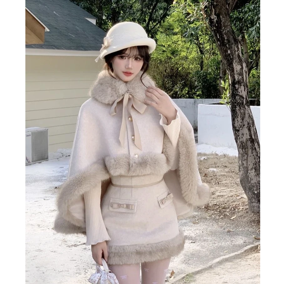 大码秋冬法式千金感毛呢套装女冬季毛毛斗篷半裙两件套装10673