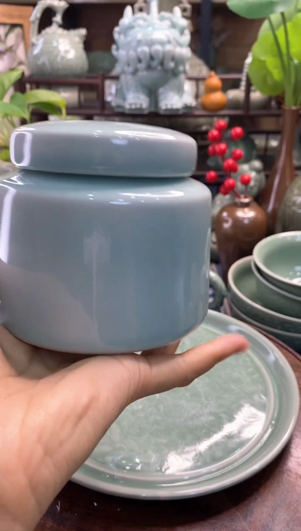 耀州窑微瑕处理400ml天青釉茶叶罐【b000108】1只 无密封