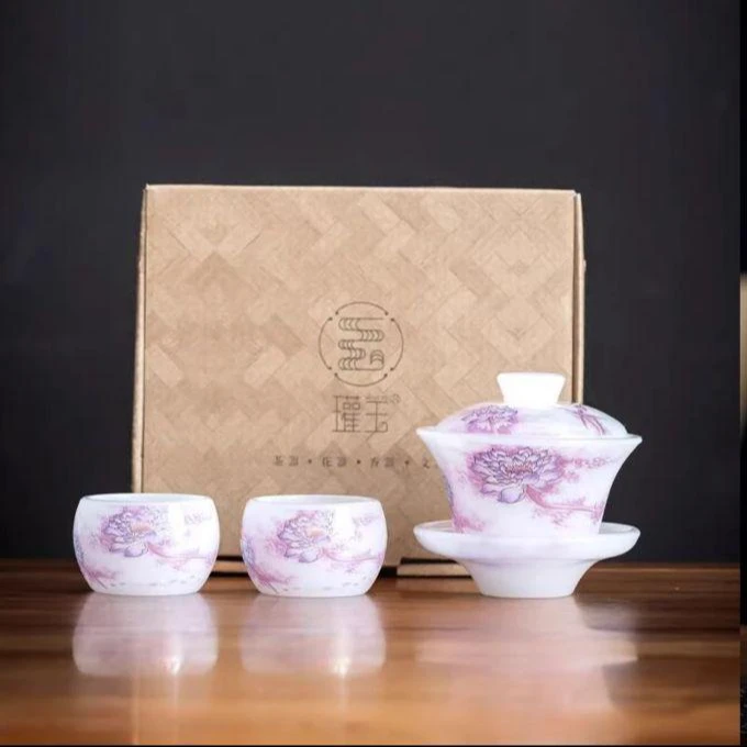 心名 琉璃-鱼戏荷莲-三才盖碗+2杯+瓘玉礼盒-2425