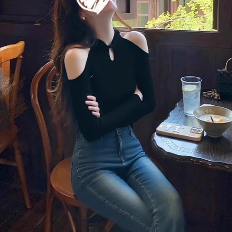 韩系高级感镂空立领长袖T恤2025年秋冬新款气质修身显瘦别致上衣