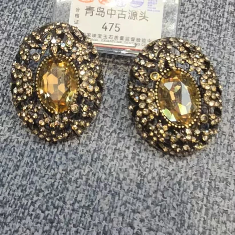 铜合金耳饰 475金色欧美风见外包装女千金风镶嵌黄色饰品耳钉