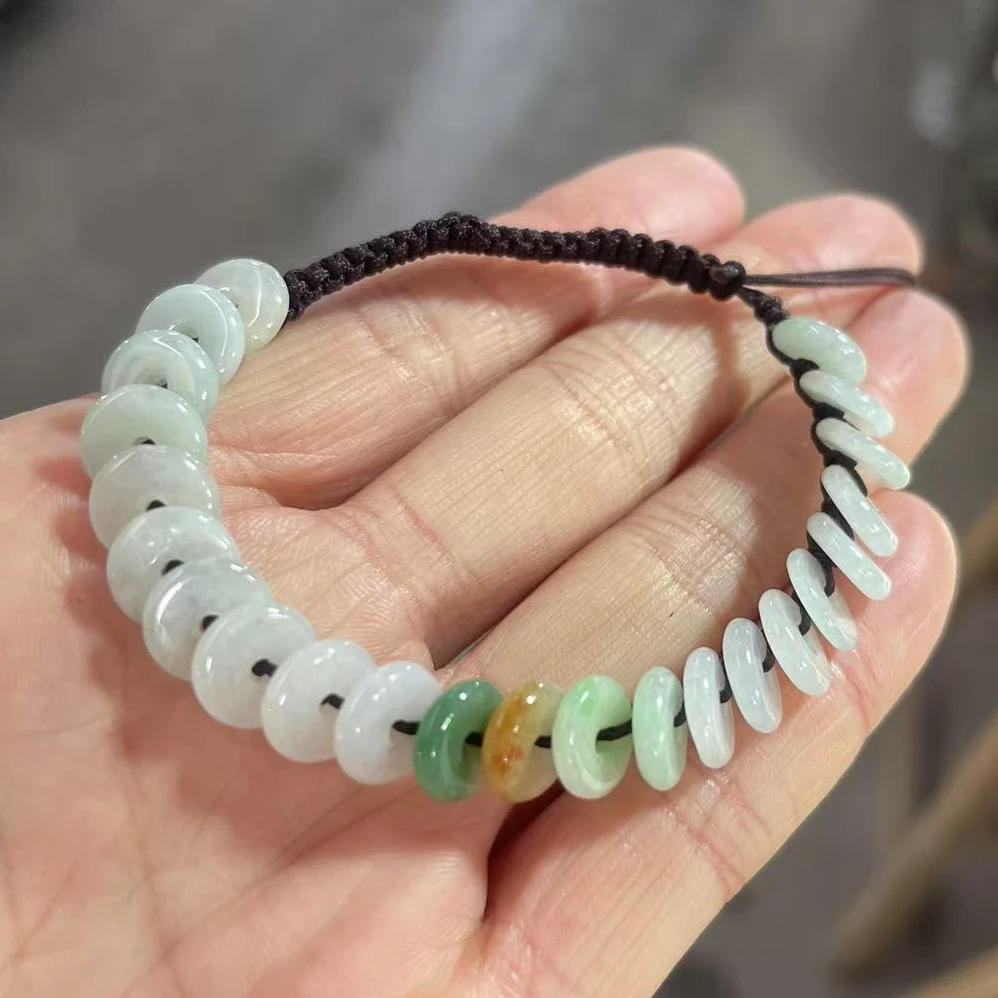 天然翡翠手串缅甸A货三彩手链可调节平安扣手链手绳缅甸翡翠手串
