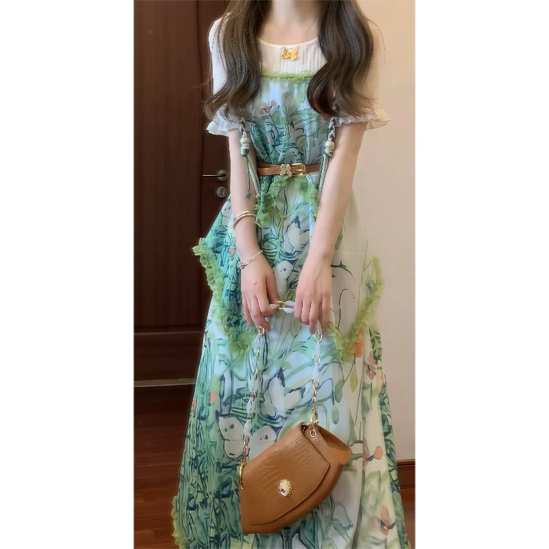 【夏日琉璃翠】绝美假两件印花漂亮独特蛋糕连衣裙收腰气质长裙9624