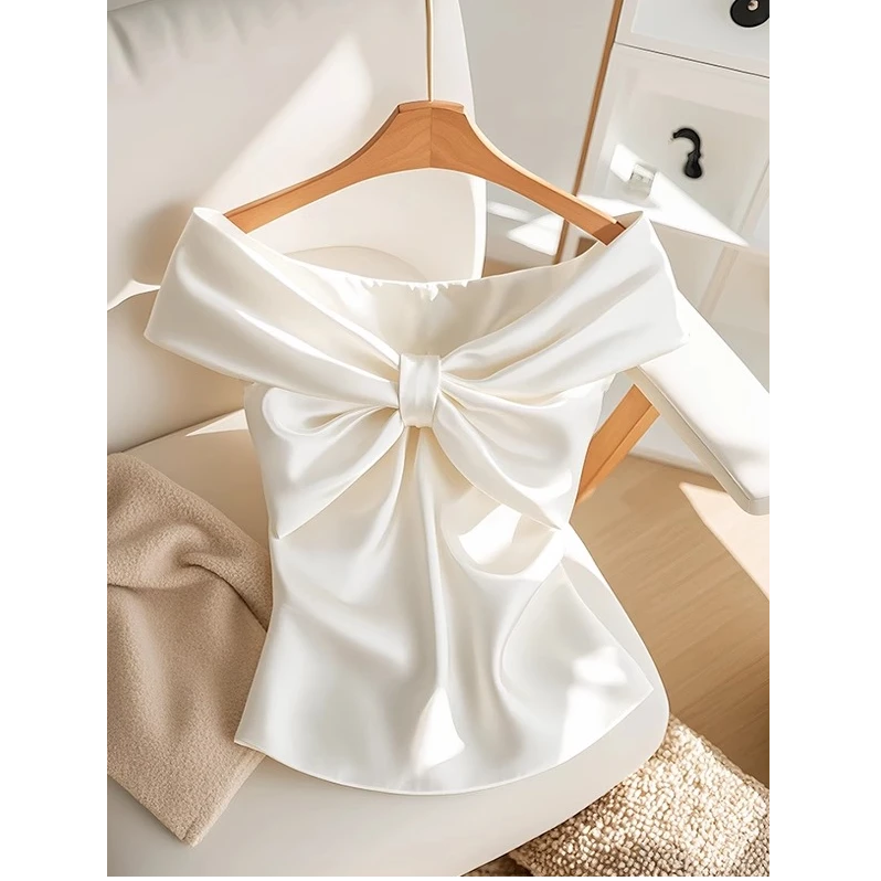 法式轻熟蝴蝶结白色缎面一字肩衬衫女设计感小众修身短款绝美上衣