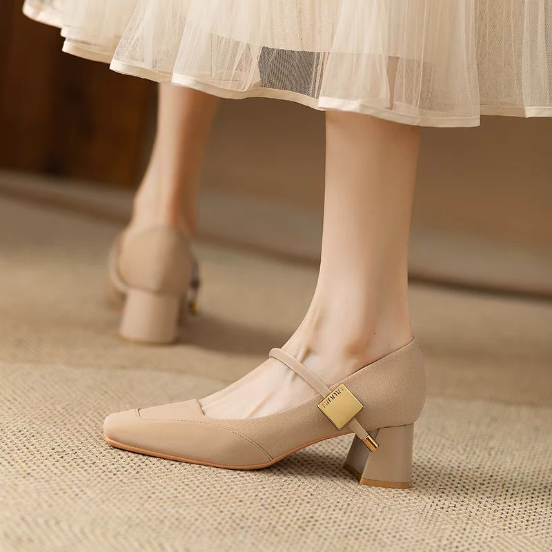 轻盈（1393-3卡其色）真皮女鞋春秋《按编码去拍》百搭牛皮根鞋