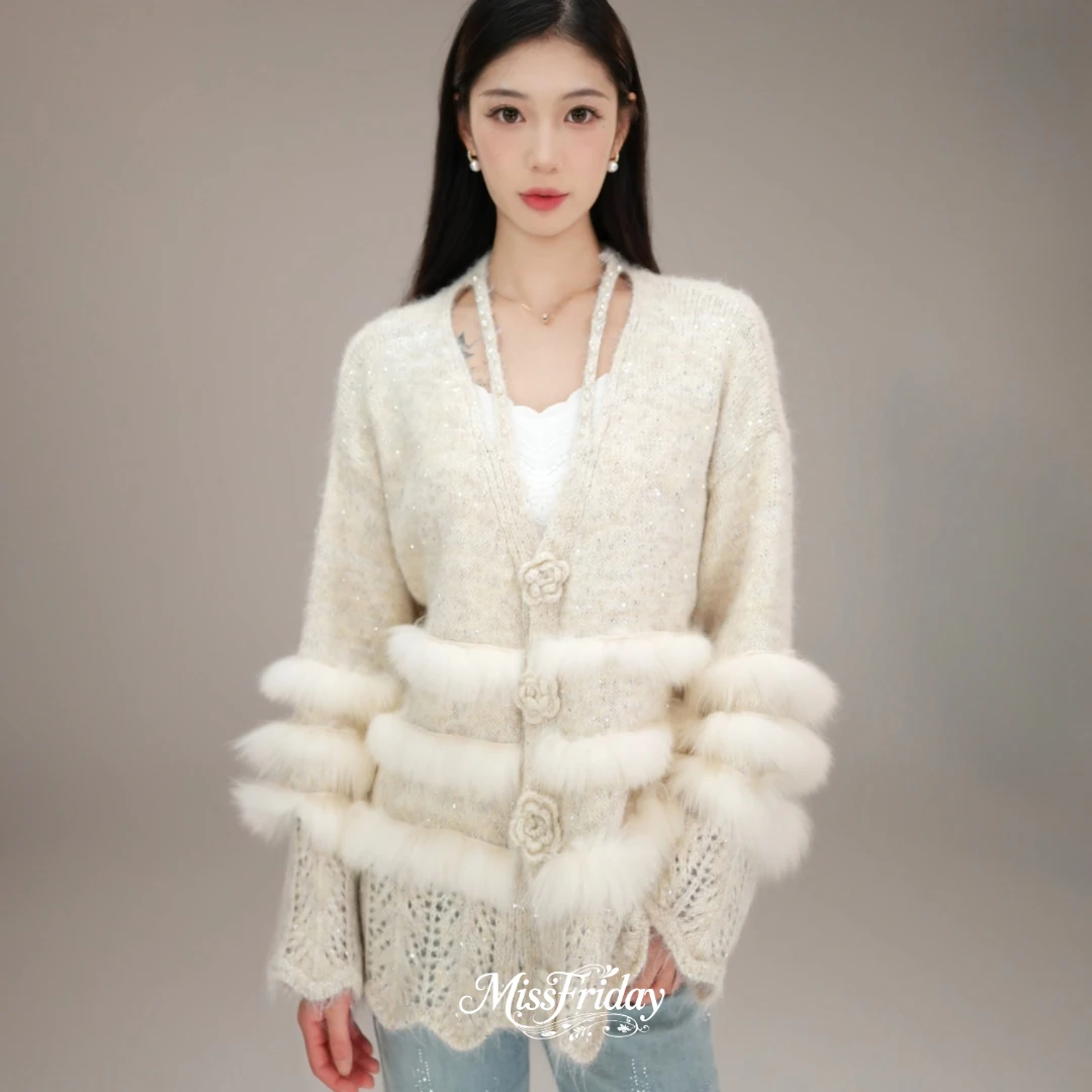 MissFriday| 慵懒风羊毛开衫女狐狸毛袖手工珠串秋冬皮草针织575