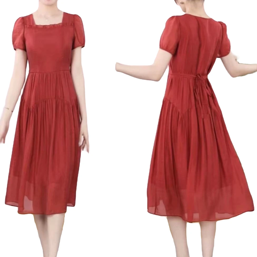 G027方领连衣裙女装连衣裙气质小个子时尚夏季红色法式方领连衣裙
