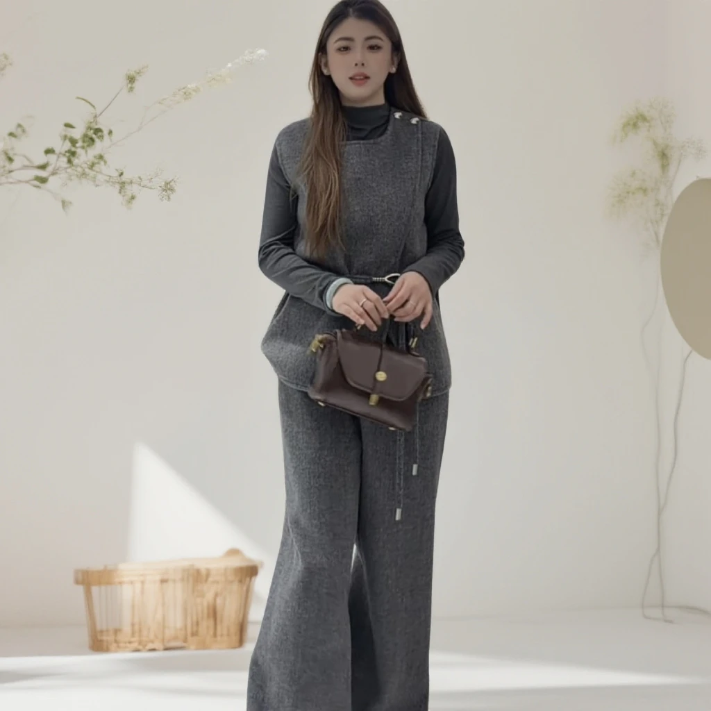 806灰色毛呢马甲时尚套装女秋冬新款法式轻熟风气质阔腿裤三件套